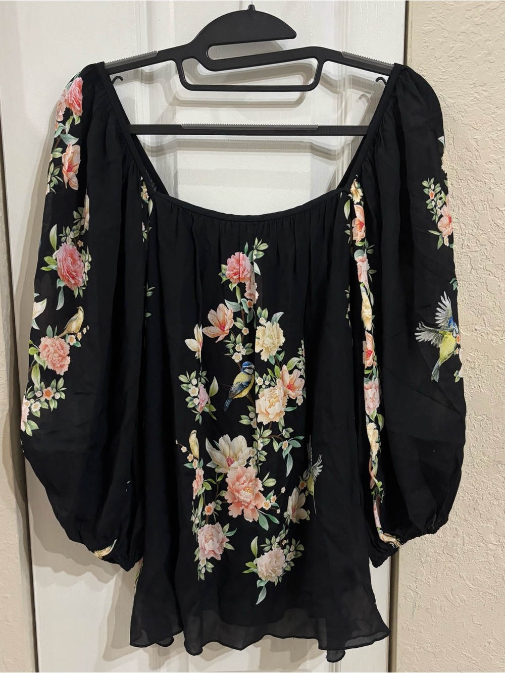 Black Floral Off-Shoulder Peasant Top - Black